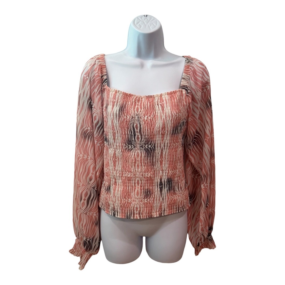 Anthropologie‎ Smocked Ikat Puff Sleeve Top Coral Black Square Neck Size M